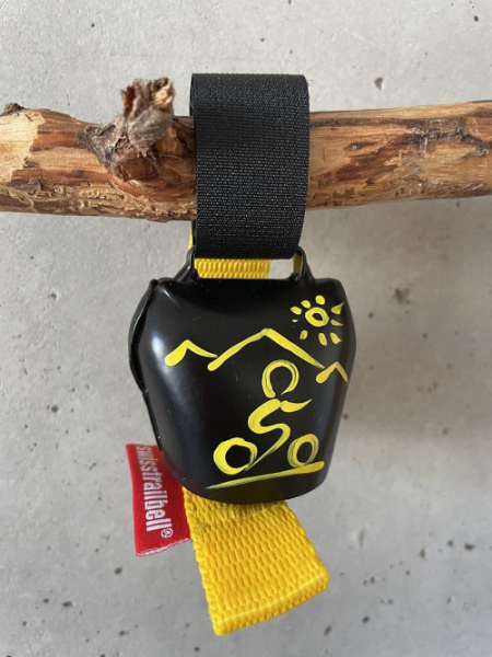 swisstrailbell Bikeglocke handbemalt mit gelbem Biker Band gelb